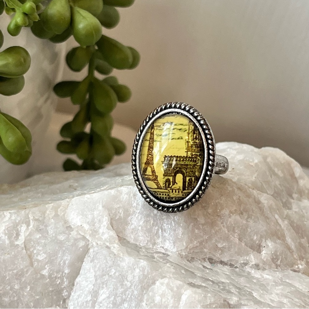 Paris Scenes Vintage Style Ring with Eiffel Tower and Arc de Triomphe